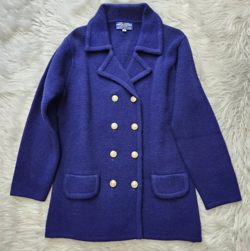 Vtg Hand Loomed Full Fashion Import Sz M Knit Sweater Navy Double Breasted